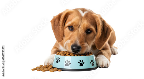 Cute Brown and White Puppy Eating Dry Kibble from Blue Paw Print Bowl isolated PNG with Transparent Background