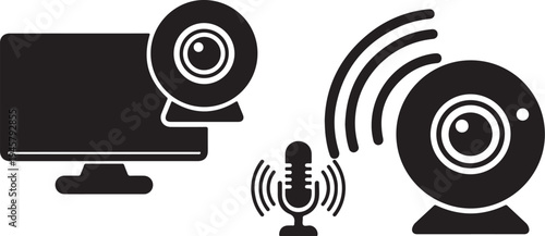 Security camera and microphone with computer monitor icon set
