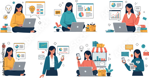 Business women working with laptops analyzing charts, online marketing and digital communication scenes modern office lifestyle illustration set