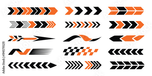 Racing car graphics and speed stripe vector collection, with checkered flags, finish lines, and fast motion design elements, suitable for motorsport branding,