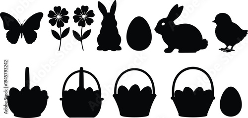 Easter themed silhouette graphics with bunnies eggs baskets butterfly and flowers