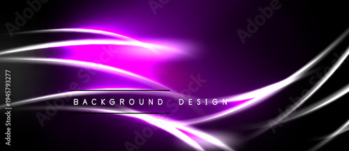 Abstract background features vibrant purple neon glow, flowing white lines. Dark space creates dramatic visual effect. Modern design element.