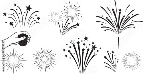 Fireworks Explosions in Black and White Vector Illustrations Set