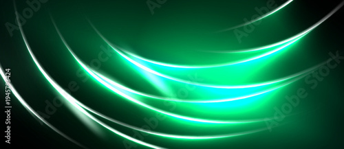 Abstract green light curves flow across dark background. Brightness creates dynamic visual effect, smooth gradients present.