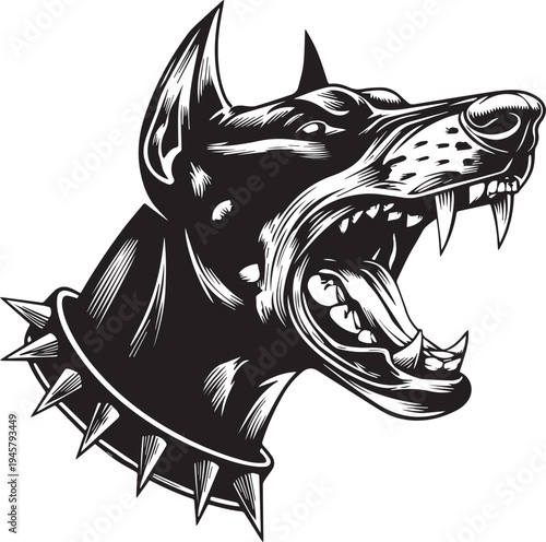 Roaring Doberman Dog Head Aggressive Guard Dog Mascot Black and White Vector Illustration