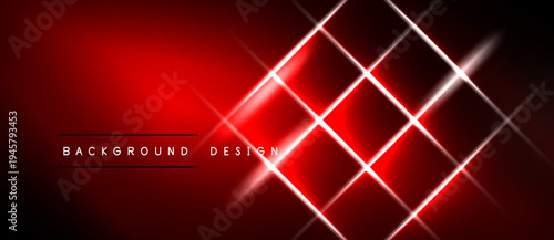 Vibrant red background features glowing diagonal lines forming diamond shapes. Modern design with dark borders, sleek aesthetic.
