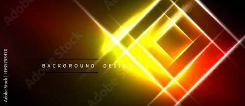Bright abstract lines create dynamic geometric pattern. Yellow, orange, red hues dominate dark background. Modern design element.