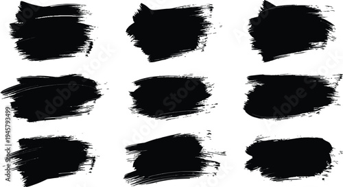 Collection of nine black brush strokes on white background