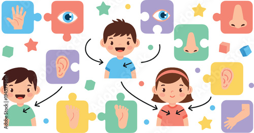 Children learning five human senses concept with puzzle pieces showing eyes, ears, nose, hands and mouth, educational illustration for kids learning body parts