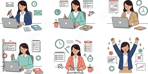 Businesswoman working on laptop with office tasks productivity workflow and success concept professional vector illustration set