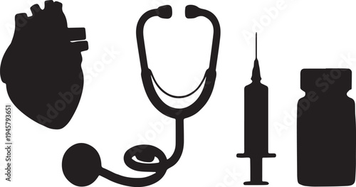 Black Silhouettes of Medical Instruments and Human Heart stethoscope syringe