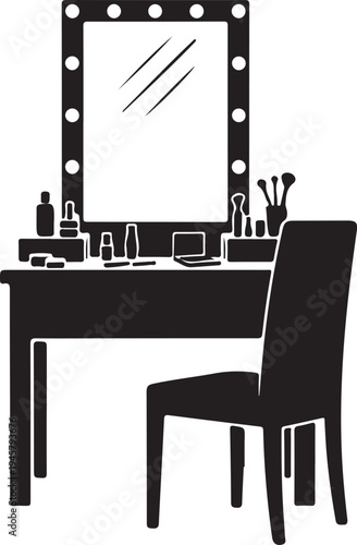 Makeup vanity table with chair and mirror and cosmetics on white