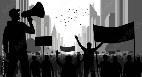 Black silhouette of a crowd protesting in the city.