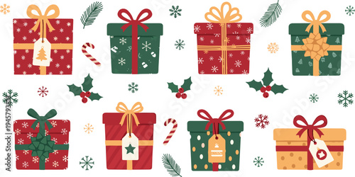 Christmas gift boxes with ribbons holly leaves candy cane and snowflakes festive holiday present vector illustration set