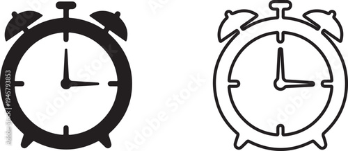 Two alarm clocks in black and outline on white background