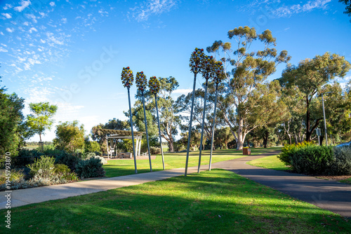 Colorful flower sculptures along park path near Bibra Lake Reserve, 1 April 2021, Perth, Australia