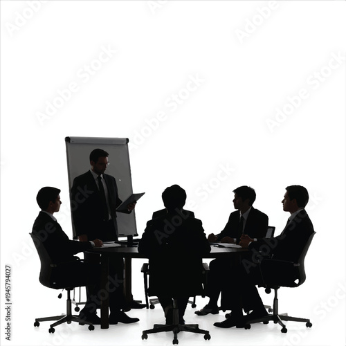 Vector illustration of business people and musicians sitting at a cafe table with a laptop while a businessman plays a piano silhouette