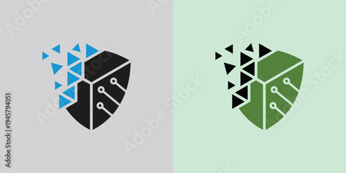 Digital Shield Logo with Triangles and Circuit Lines Design.