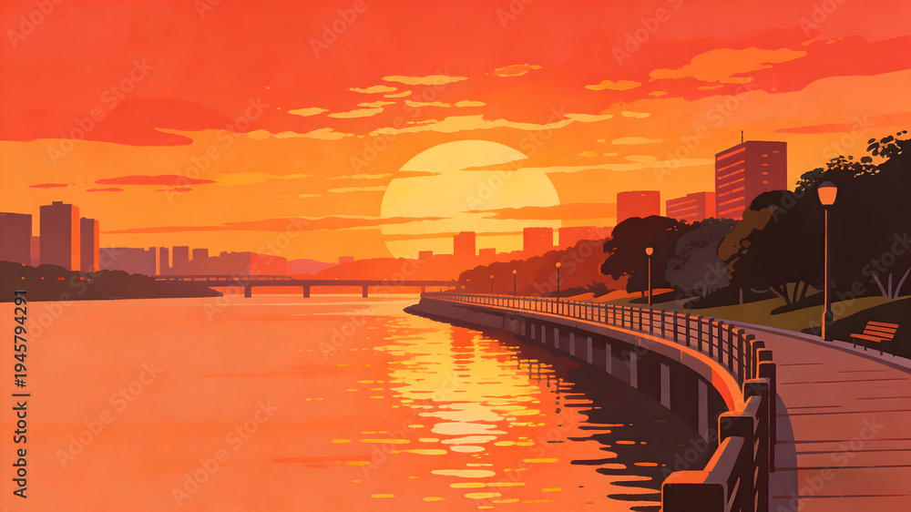 Obraz premium City riverside sunset with orange sky and building silhouettes