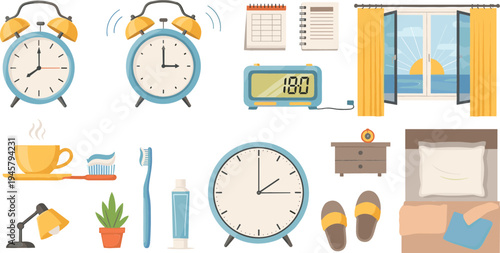 Morning Routine and Wake Up Elements Vector Set Featuring Alarm Clocks, Breakfast Coffee, Toothbrush, Window Sunrise, Bed, Slippers, and Daily Lifestyle Objects
