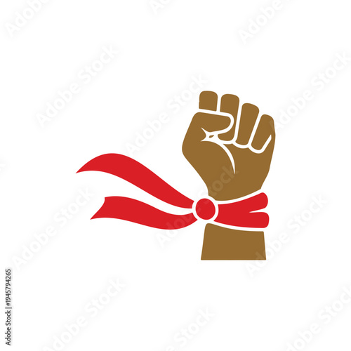 Brown fist raised with red ribbon, symbol of power and solidarity