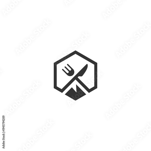 Minimalist Restaurant Logo Fork Knife Mountain in Hexagon.