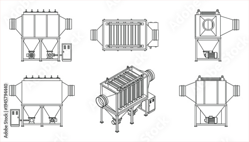 Industrial Dust Collector System Blueprints: Multi-Angle Technical Drawings