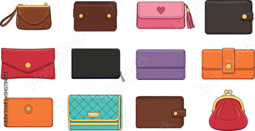 Colorful Wallet and Purse Icon Set Collection Featuring Leather Money Wallets, Coin Purses, Clutches, and Card Holders for Fashion, Finance, and Shopping Designs
