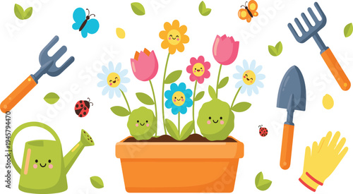 Cute Garden Flower Pot Illustration with Smiling Plants, Watering Can, Hand Tools, Butterflies, and Ladybugs for Spring Gardening and Kids Nature Design.