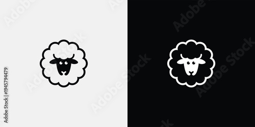Stylized Sheep Head with Fluffy Wool Simple Icon Design Black and White.