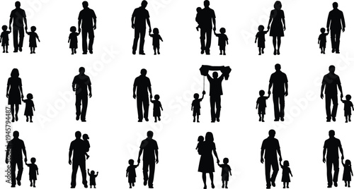 Set of Father and Mother Silhouettes Walking with Children and Toddlers Holding Hands in Vector for Family and Parenting Concepts