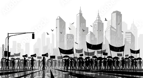 Protesters marching through city streets with flags.