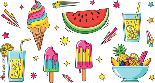Colorful summer desserts and drinks set including ice cream popsicles watermelon lemonade fruit bowl vector illustration collection