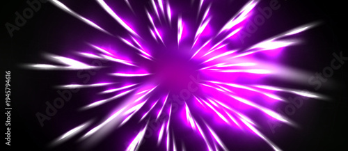 Bright purple explosion radiates outward. Sharp light streaks emanate from central glowing point against black background. Dynamic energy visible.