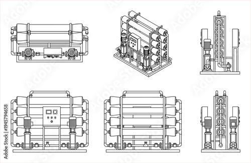 Industrial Reverse Osmosis Water Purification System Diagrams: Multiple Views of Equipment
