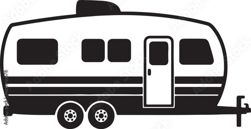 Black and white caravan trailer with wheels and door also transparent background