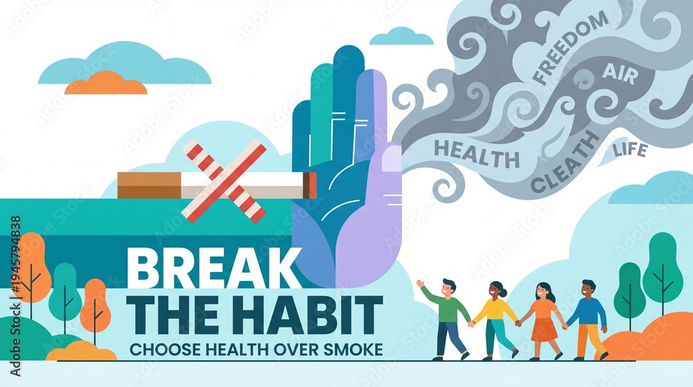 Obraz premium Break The Habit Choose Health Over Smoke with Hand and Smoke Art.
