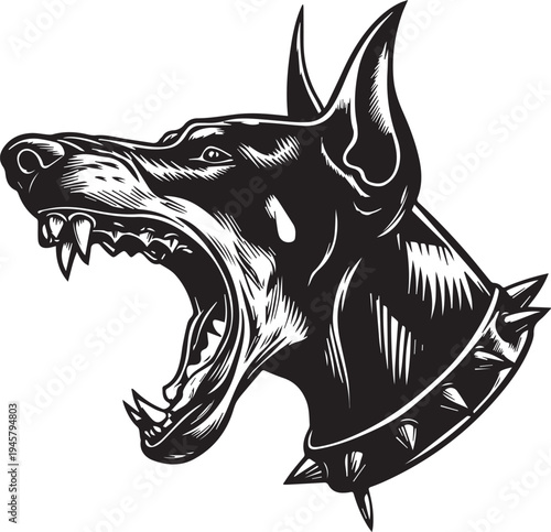 Roaring Doberman Dog Head Aggressive Guard Dog Mascot Black and White Vector Illustration