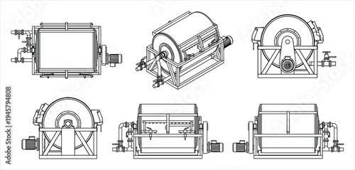 Technical Illustrations of a Rotary Drum Screen for Industrial Water Treatment and Separation Processes