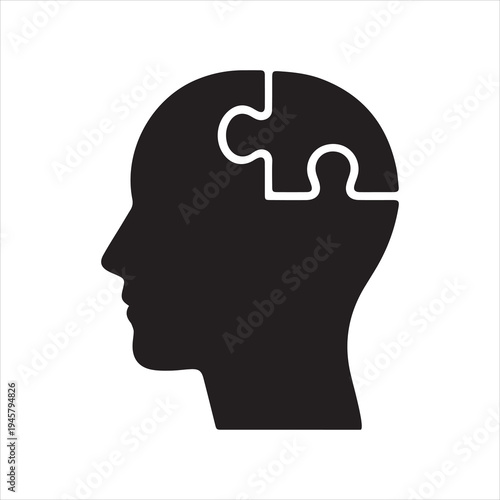  Head profile with puzzle piece. Concept for psychology, mental health, therapy, autism, problem solving, and creativity. Mind logic and solution symbol. Vector illustration.
