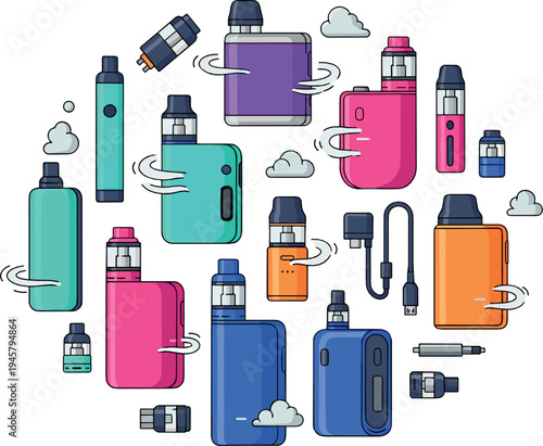 Colorful vape devices and e-cigarette mods collection with cartridges, pods and bottles, modern electronic smoking gadget illustration set