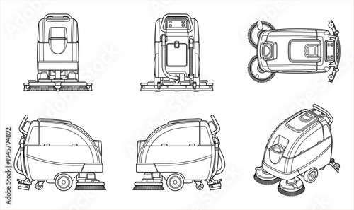 Floor Scrubber Machine Vector Illustrations: Front, Side, and Top Views