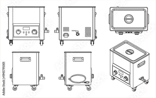 Multi-View Illustration of a Stainless Steel Ultrasonic Cleaning Machine with Wheels