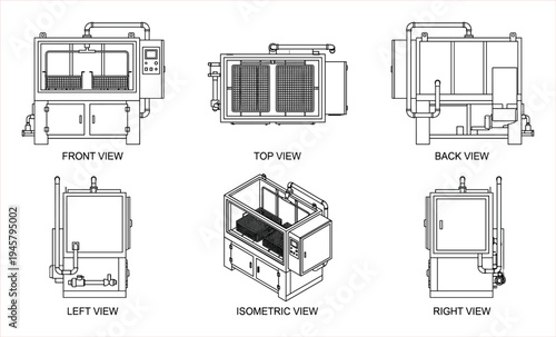 Industrial Parts Washer: Detailed Technical Drawings of Machine Views and Components