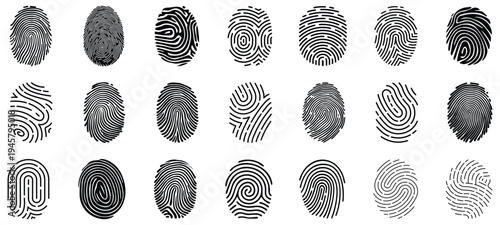 Fingerprint collection biometric identification thumbprint set forensic security identity patterns isolated