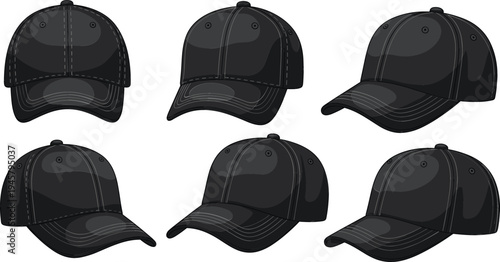 Black Baseball Cap Collection Featuring Classic Adjustable Snapback Hats in Different Angles for Fashion, Sportswear, and Apparel Design