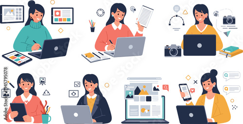 Content creators and digital marketers working with laptops, social media posts, photography and blogging tools, modern online content creation illustration set