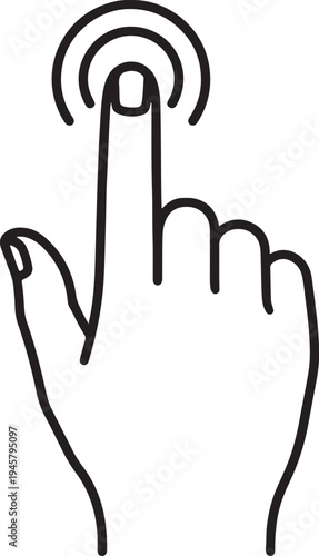 Black and white line of a human hand with index finger extended touching a circle also transparent background
