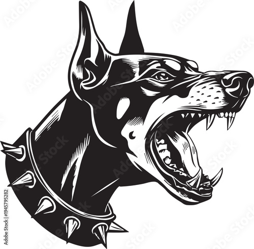 Roaring Doberman Dog Head Aggressive Guard Dog Mascot Black and White Vector Illustration