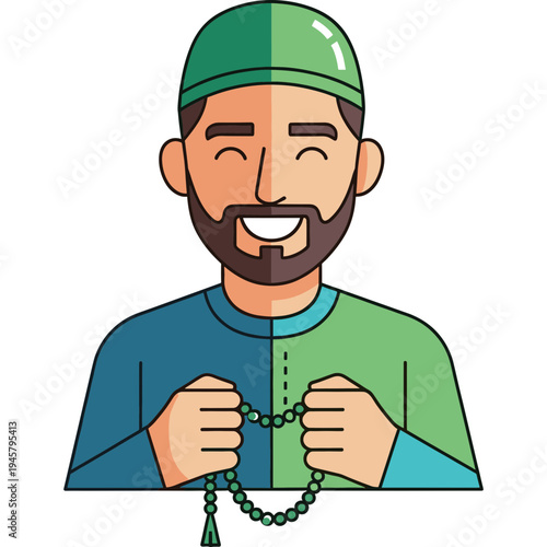 A smiling man wearing a green cap holds rosary beads in his hands